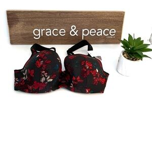 New Cacique Black Bra with Red‎ Floral Design Sz 40D